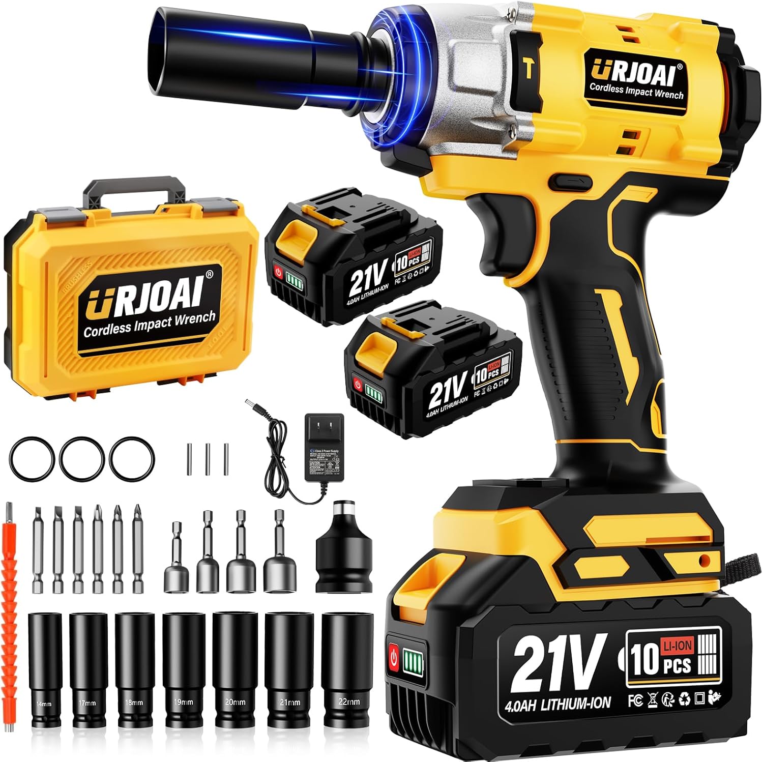 Cordless Impact Wrench - 590Ft-lbs (800N.m) Brushless 1/2 inch, 3300RPM High Torque Impact Gun, 2x 4.0Ah Battery, Charger & 7 Sockets, Electric Impact Wrench for Car Home