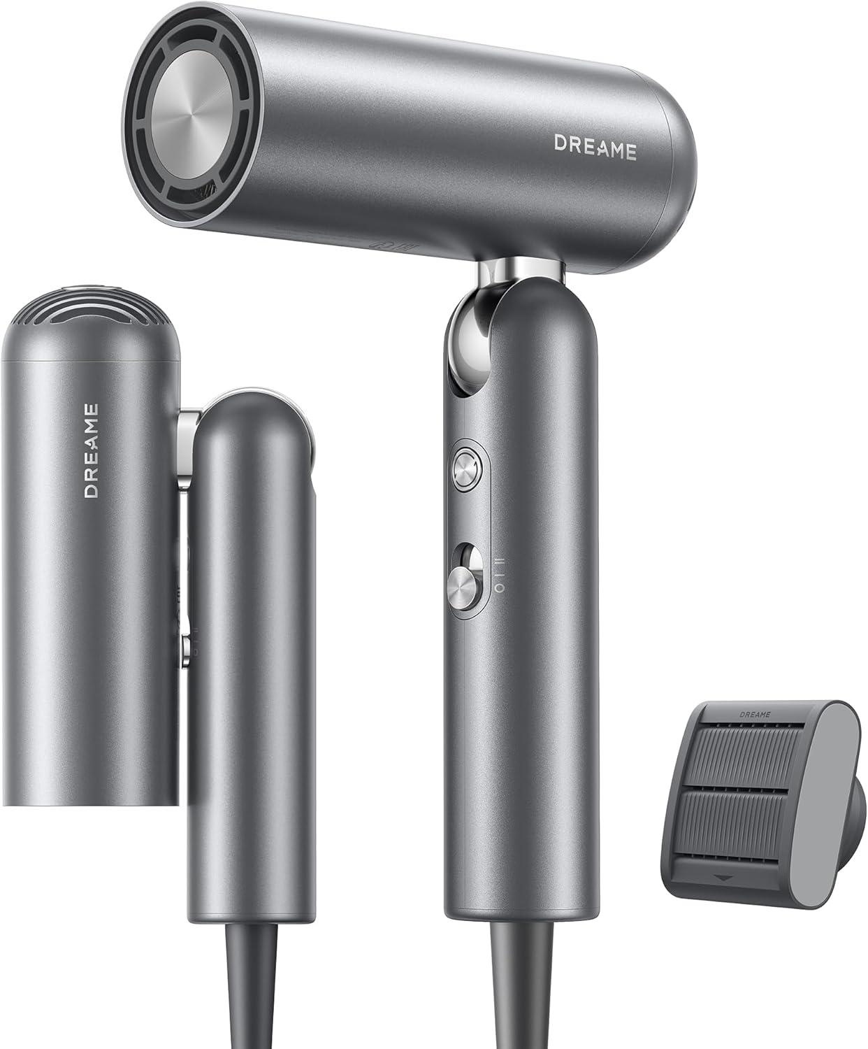 DREAME Pocket High-Speed Hair Dryer, 110,000RPM Motor, 3 Foldable Forms, 300 Million Negative Ions/cm³, 57°C Constant Temperature, 40s Drying, Low Noise Hair Dryer, 300g Light Weight, Grey
