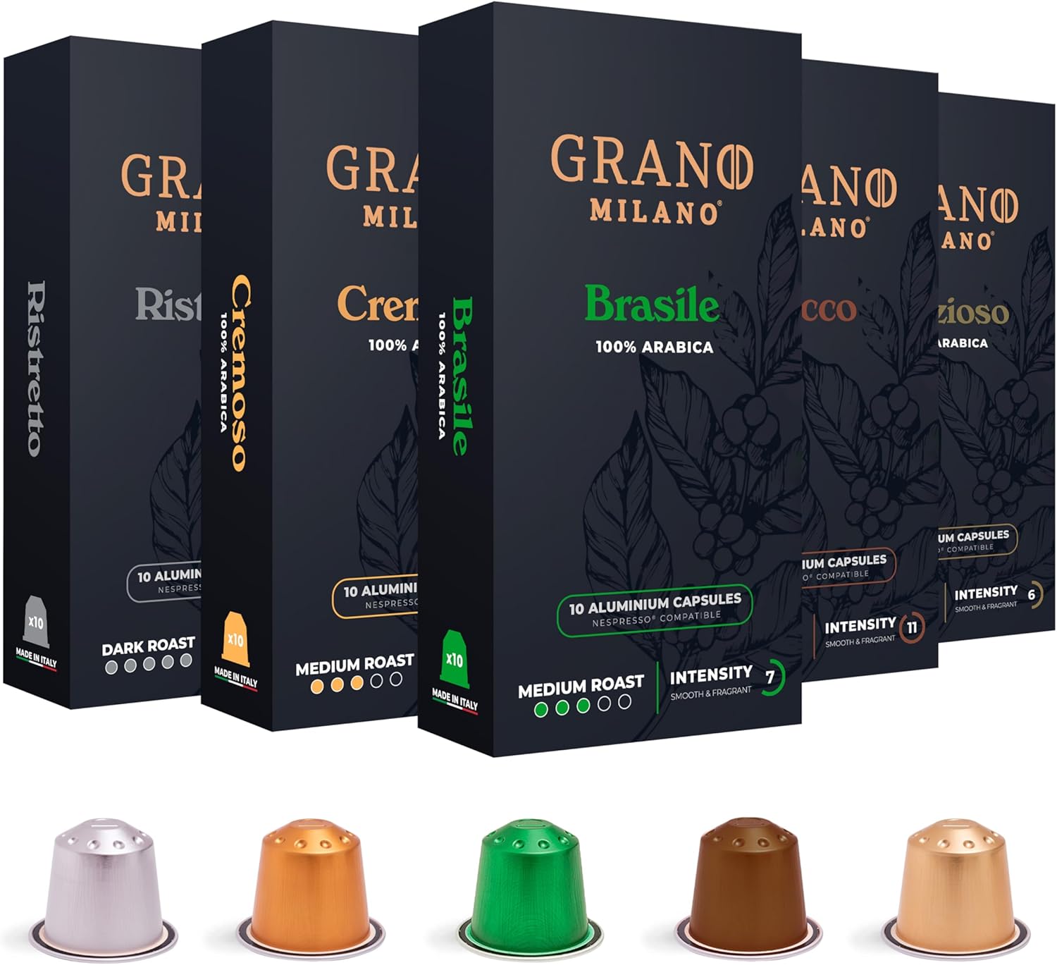 Grano Milano 50 Aluminium Coffee Pods Compatible with Nespresso Original line Machines, Not Compatible with Vertuo - Medium & Dark Roast Coffee Capsules, 5 Packs - 50 Servings, Espresso Made in Italy
