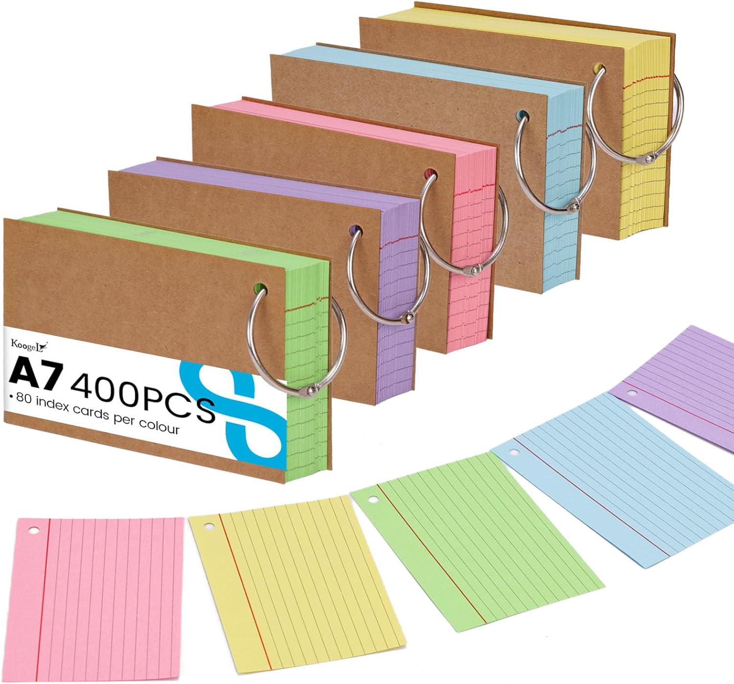 Koogel A7 Flashcards with Metal Rings, 400 Pack 5 Color Coded Index Cards for Office School Study, Ruled Revision Supplies 10.5x7.4cm