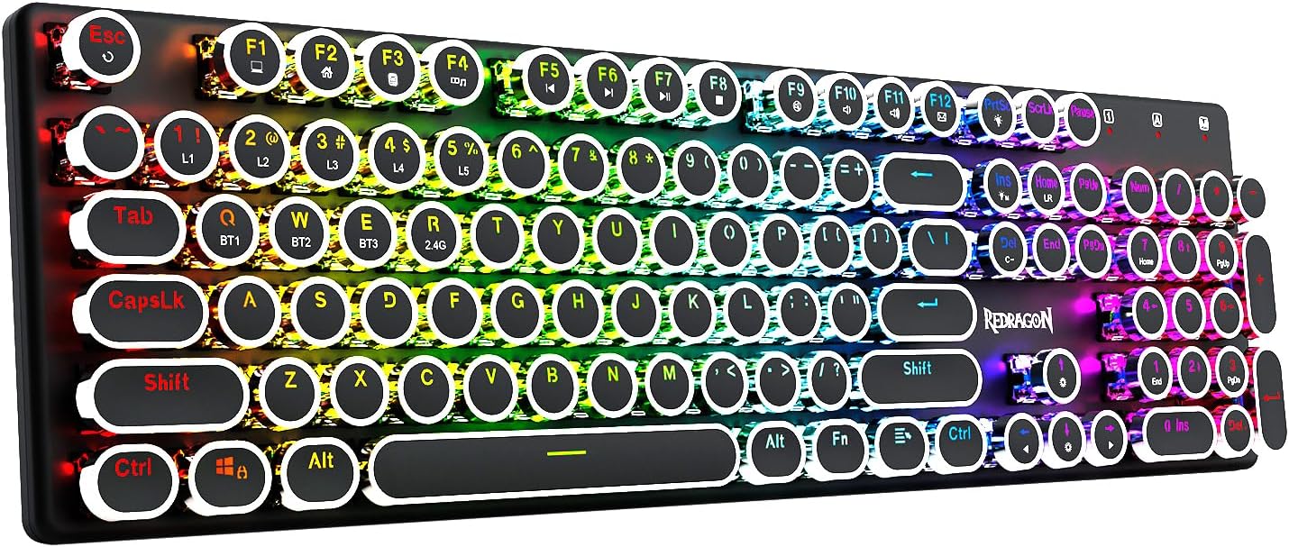 Redragon K710 Wireless Typewriter Style Mechanical Gaming Keyboard, Bluetooth/2.4Ghz/Wired, RGB Backlit, Rechargeable, Blue Switch - Clicky, Metal Panel, Round Keycaps, Black