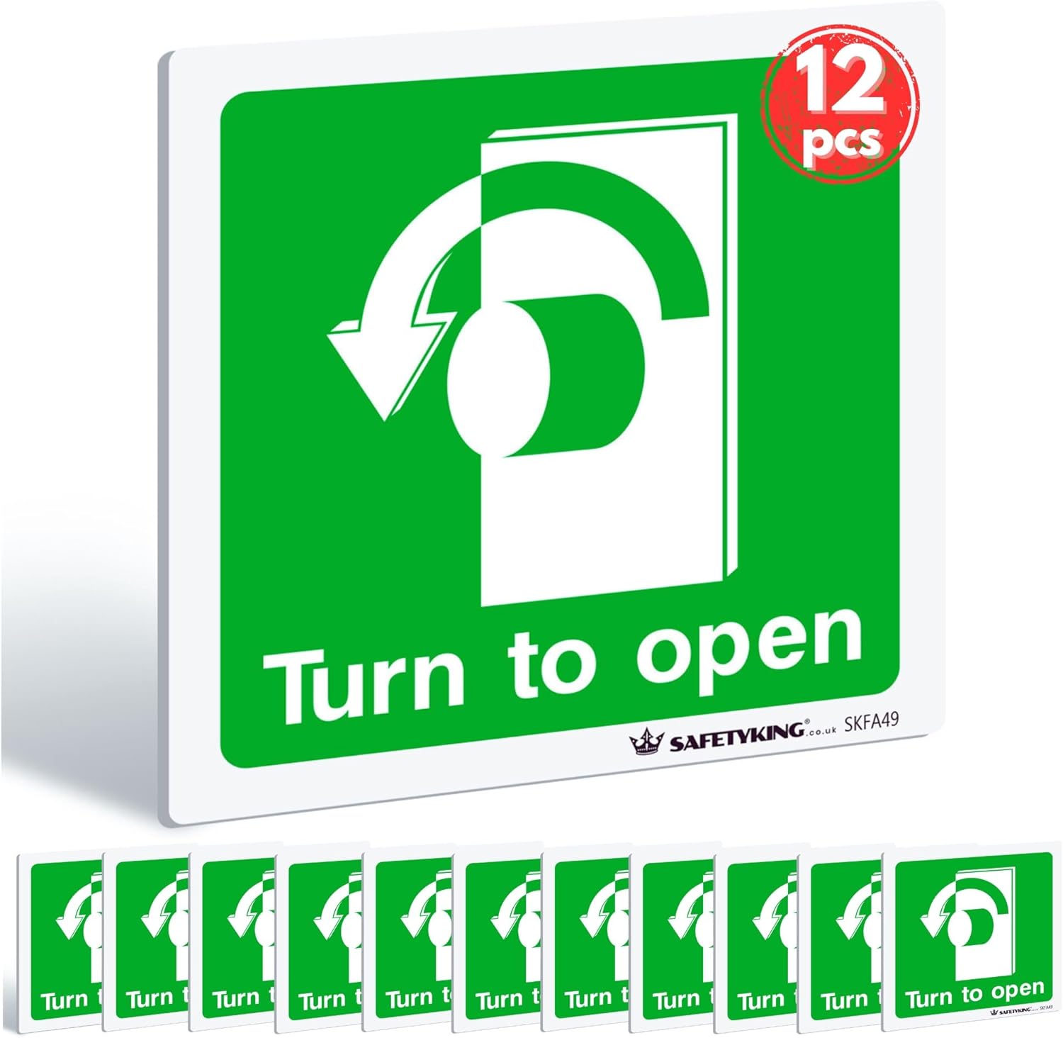 Turn to Open - Left Sign 12 Pcs – 100mm x 100mm - Thumb Turn Self Adhesive, Waterproof, Vinyl Stickers For Fire Exit Doors, Thumb Turn Fire Exit Sticker, Turn to Open Safety Label, Print Kings UK