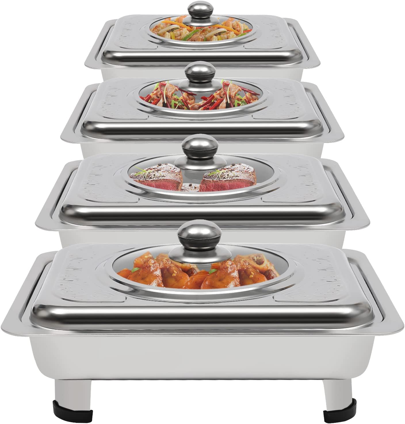 Chafing Dishes 4pcs Stainless Steel Buffet Dish Food Warmer Buffet Server Rectangular Chafing Dish Set With Lid MEHOOSPVN For Buffets Caterings Parties Buffet Server Warming Tray, Restaurant Catering