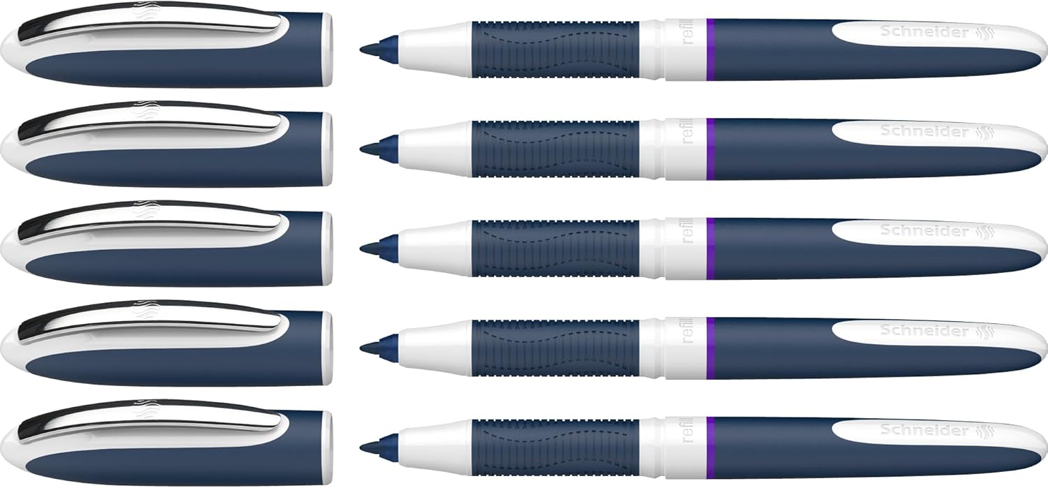 Schneider One Change Rollerball Pen, Refillable, 0.6 mm Ultra-Smooth Tip, Blue/White Barrel, Violet Ink, Box of 5 Pens (183708),Purple