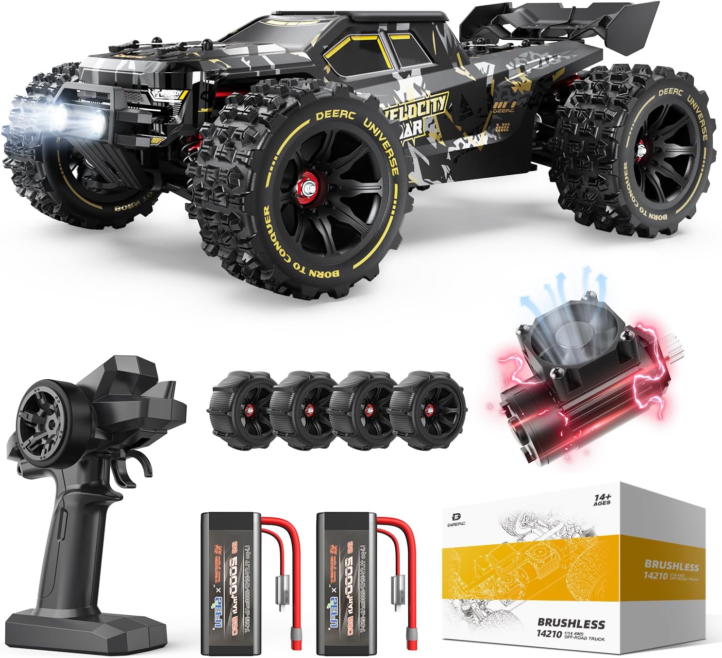 DEERC 1:14 Fast Brushless RC Cars for Adults & Boys, Max 50+ MPH, 2 3S Lipo Batteries 4x4 Waterproof RC Truck, High Speed Offroad Remote Control Car, All Terrain RC Truggy for Snow,Sand & Mud