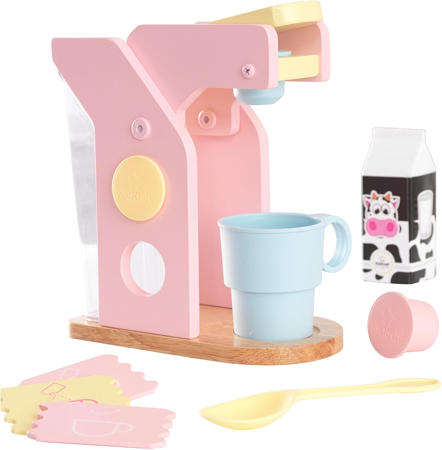KidKraft Pastel Toy Coffee Maker with Capsules, Accessory for Kids' Kitchen, Wooden Toy Kitchen Appliance Set for Kids, Play Kitchen Accessories, Kids' Toys, 63380