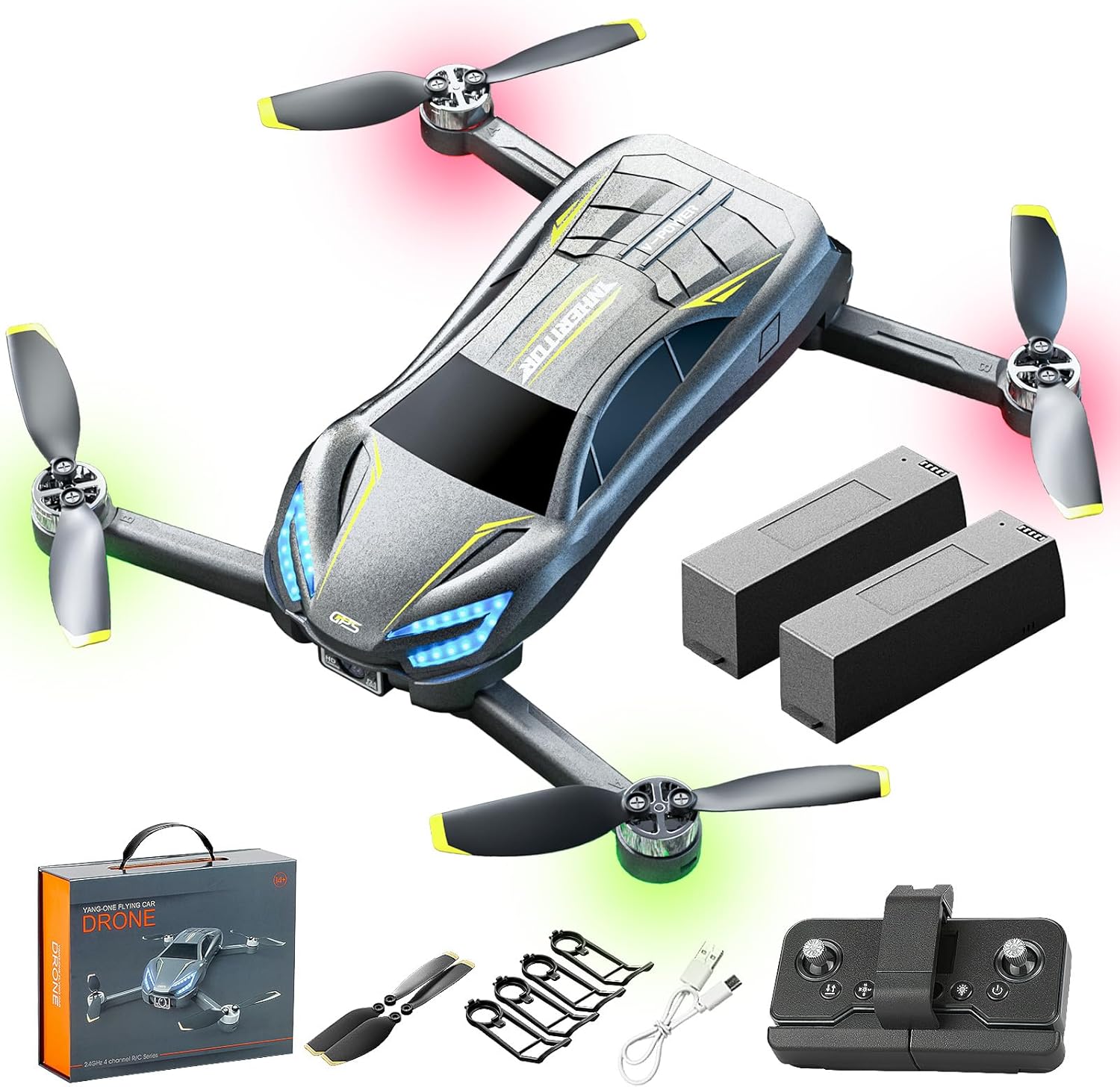 Brushless Drone with HD Dual Camera, Brushless Motors, Car Drone, 360° Surround Filming, Headless Mode, Optical Flow Hover (Car Drone with 【Two Batteries 】)