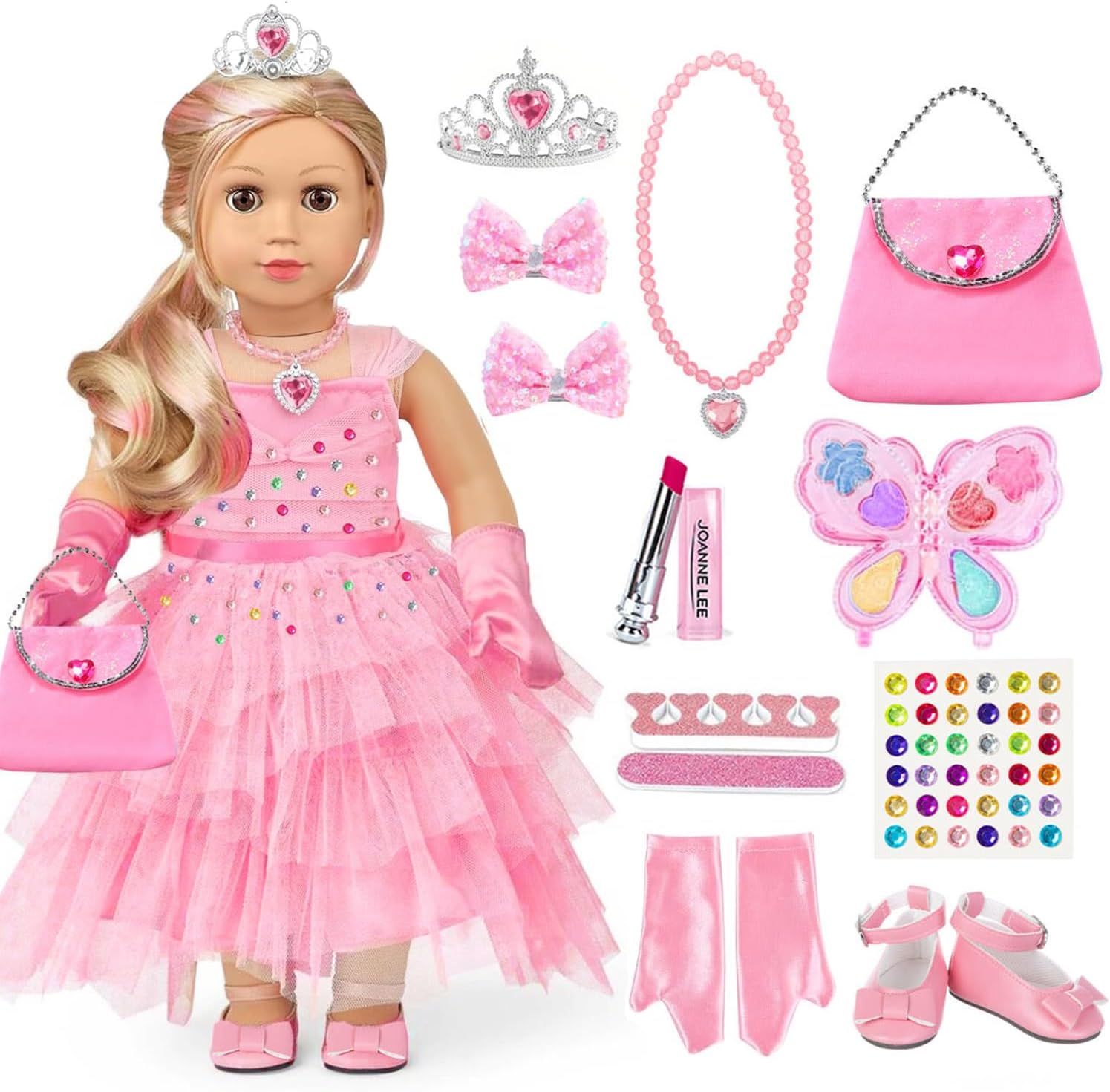 American 18 inch Girl Doll Clothes and Accessories - Princess Dress, Crown, Necklace, Lipstick, Makeup Palette, Nail Kit, Satchel, Gloves, Shoes, Sticky Rhinestones,Hair (No Doll)