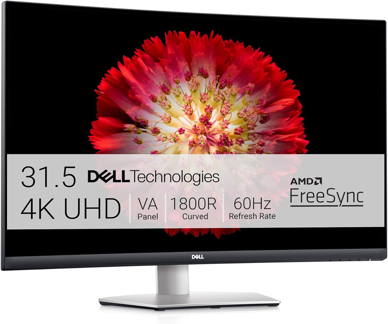 Dell S3221QS 32 Inch Curved 4K UHD (3840 x 2160), VA Ultra-Thin Bezel Monitor, 60Hz, 4MS Response Time, 90% DCI-P3, 99% sRGB, AMD FreeSync, HDMI, DisplayPort, Built in Speakers, VESA Certified, Silver