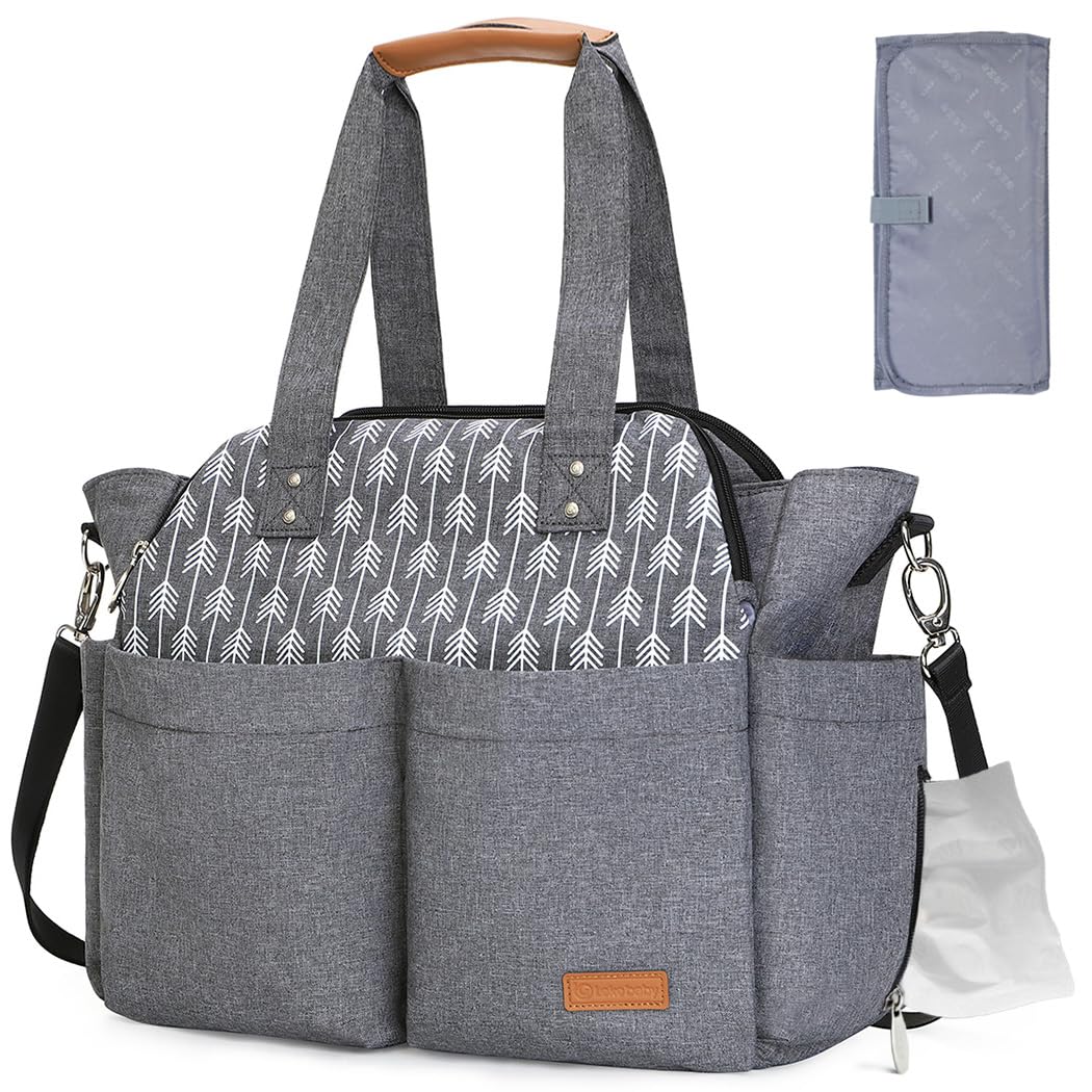 Lekebaby Diaper Bag Tote, 17 Pockets Large Travel Diaper Tote Waterproof with Portable Changing Pad, Mom Crossbody Hospital Bag for Labor Delivery, Baby Essentials for Newborn Gifts, Grey