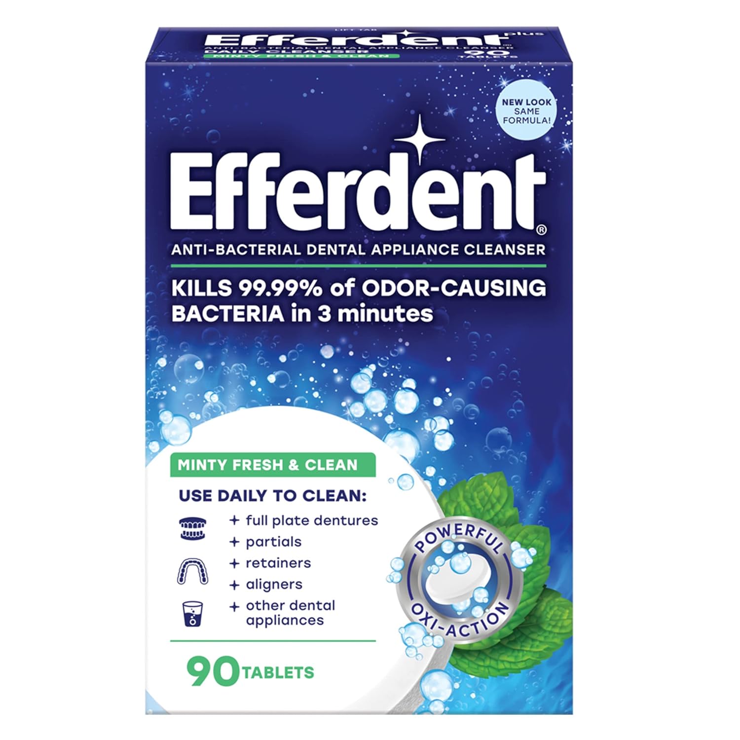 Efferdent Plus Mint Anti-Bacterial Denture Cleanser | 90 tablets | Actively Cleans Between Dentures | Packaging May Vary