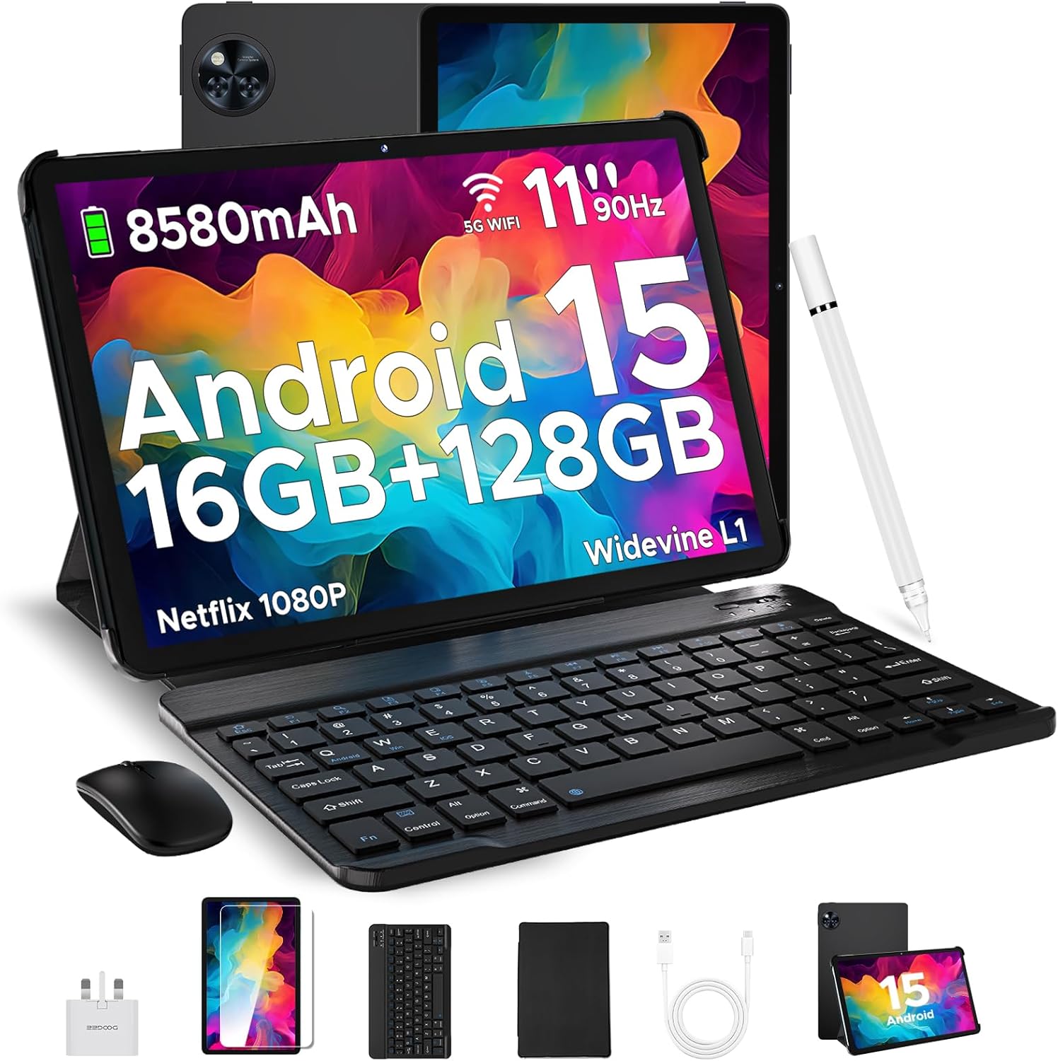 DOOGEE 2025 Newest Android 15 Tablets, U11 11 Inch Tablet,16GB+128GB(TF 2TB), 90 Hz Android Tablets, 8580mAh, Netflix 1080P/ 5G WiFi/Widevine L1,Tablet with Keyboard&Mouse&Case&Pen-Black