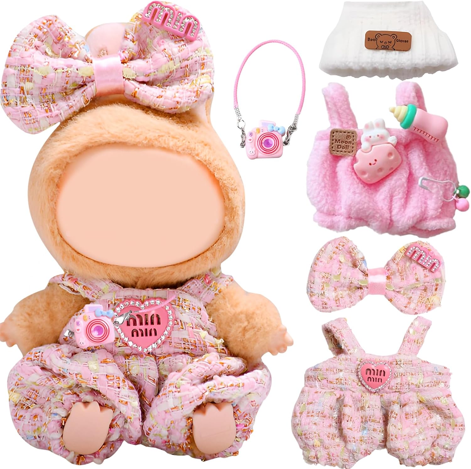 5Pcs Clothes & Accessories for 17cm Dolls, Includes Pink Overalls Bow Hair Clip Camera Bag Hat for Girls Kids Birthday （No Doll）