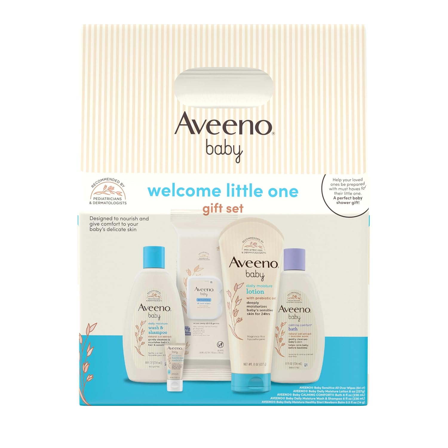 Aveeno Baby Welcome Little One Gift Set, Baby Skincare Set with Nourishing Baby Body Wash & Shampoo, Calming Bath Wash, All Over Baby Wipes, Daily Moisturizing Lotion, & Baby Balm, 5 Items