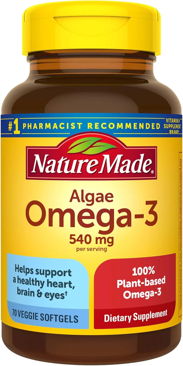 Nature Made Algae 540 mg Omega 3 Supplement, Alternative to Omega 3 Fish Oil Supplements, 70 Veggie Softgels, Sustainable, Plant-Based, for Healthy Heart, Brain, and Eye Support