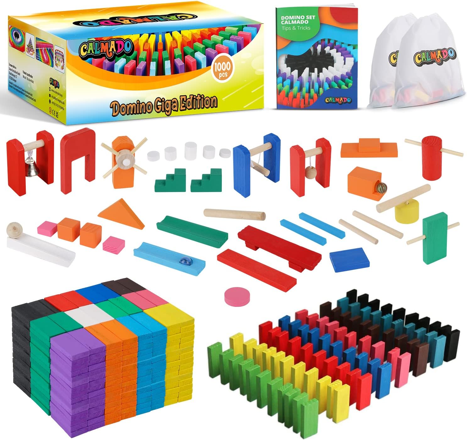 Calmado - Dominoes, 1000 pcs Dominoes Set, Games/Toy Made from Wood, Family Games Domino Grand Edition Set + Bag+ Instruction Manual + Accessories