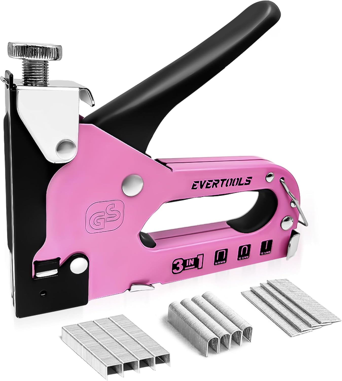 Upholstery Staple Gun Heavy Duty, 3 in 1 Women Pink Manual Stapler with 600 Staples, for Wood, Cable, Crafts, Fabric, Decoration, Carpentry, Furniture, Material Repair and DIY