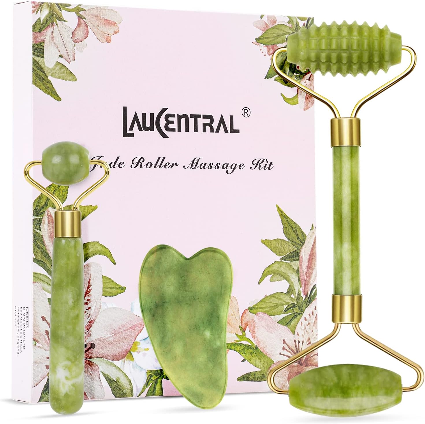 【3 PCS】Jade Roller & Gua Sha Massage Kits, LauCentral Natural Anti-Aging Face Roller for Eye Puffiness Treatment, Skin Tightening, Rejuvenate Face & Neck, Natural Green Massager