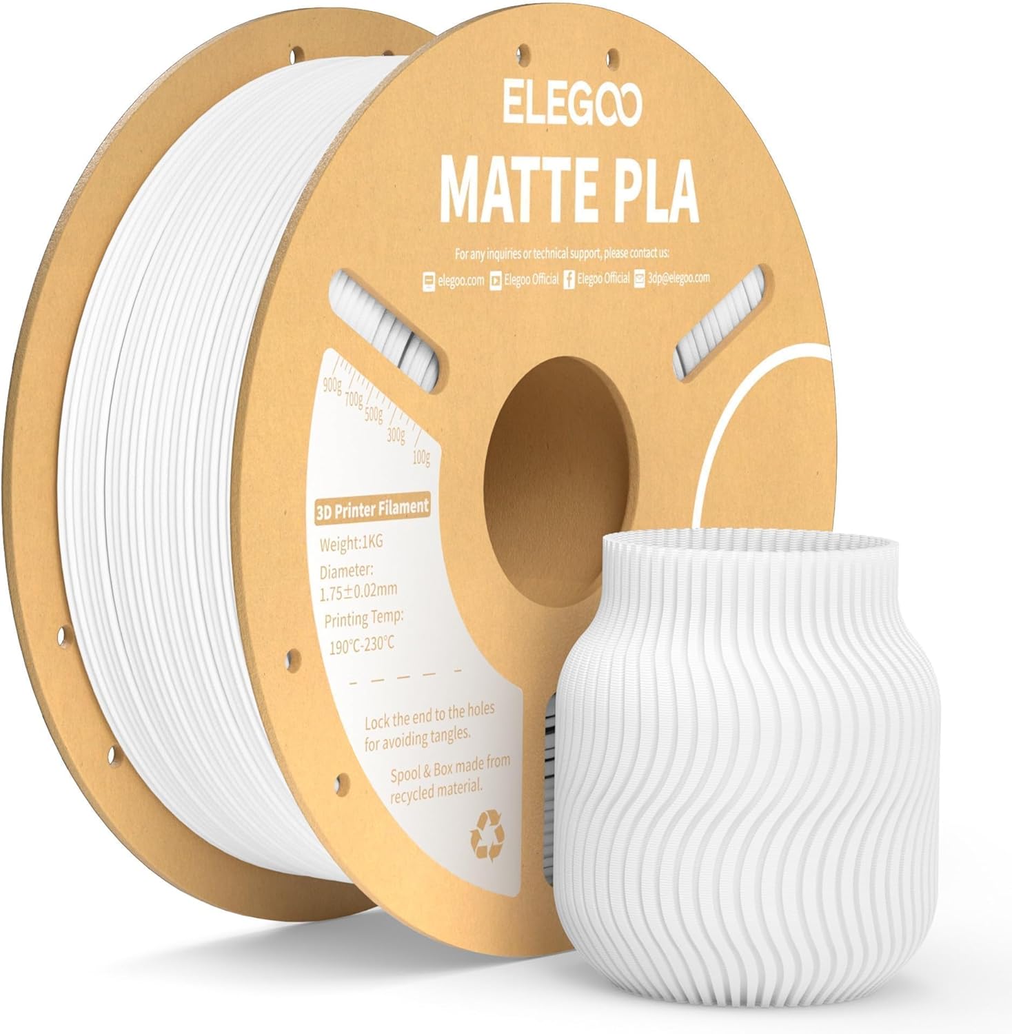 ELEGOO Matte PLA Filament Matte White 1KG, 1.75mm 3D Printer Filament Dimensional Accuracy +/- 0.02mm, 1kg Carboard Spool (2.2lbs) for Most FDM 3D Printers