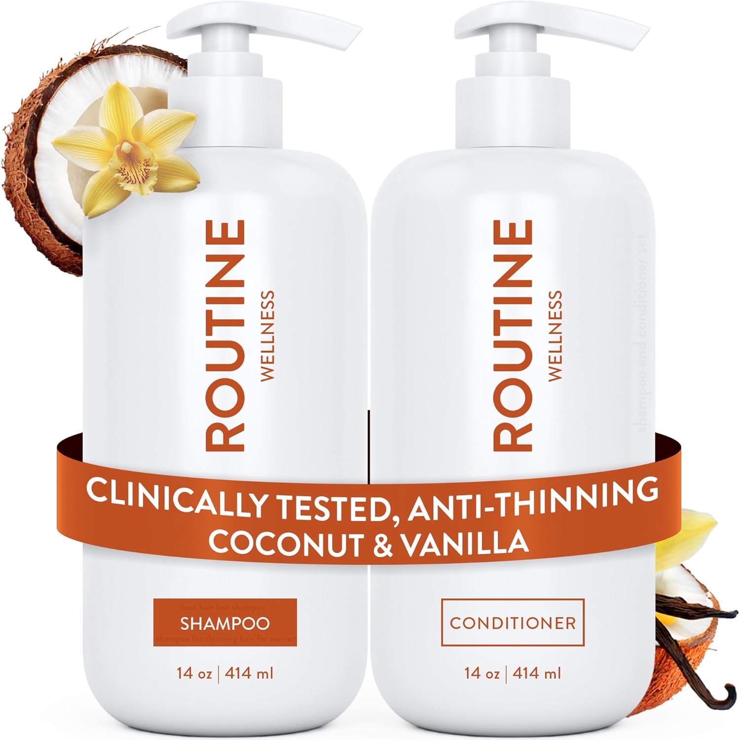 Routine Wellness Anti-Thinning Shampoo and Conditioner Set for Thinning Hair - Biotin DHT Blocker Women & Men - Color Safe Shampoo for Hair Loss & Healthier Growth - Coconut & Vanilla (Pack of 2)