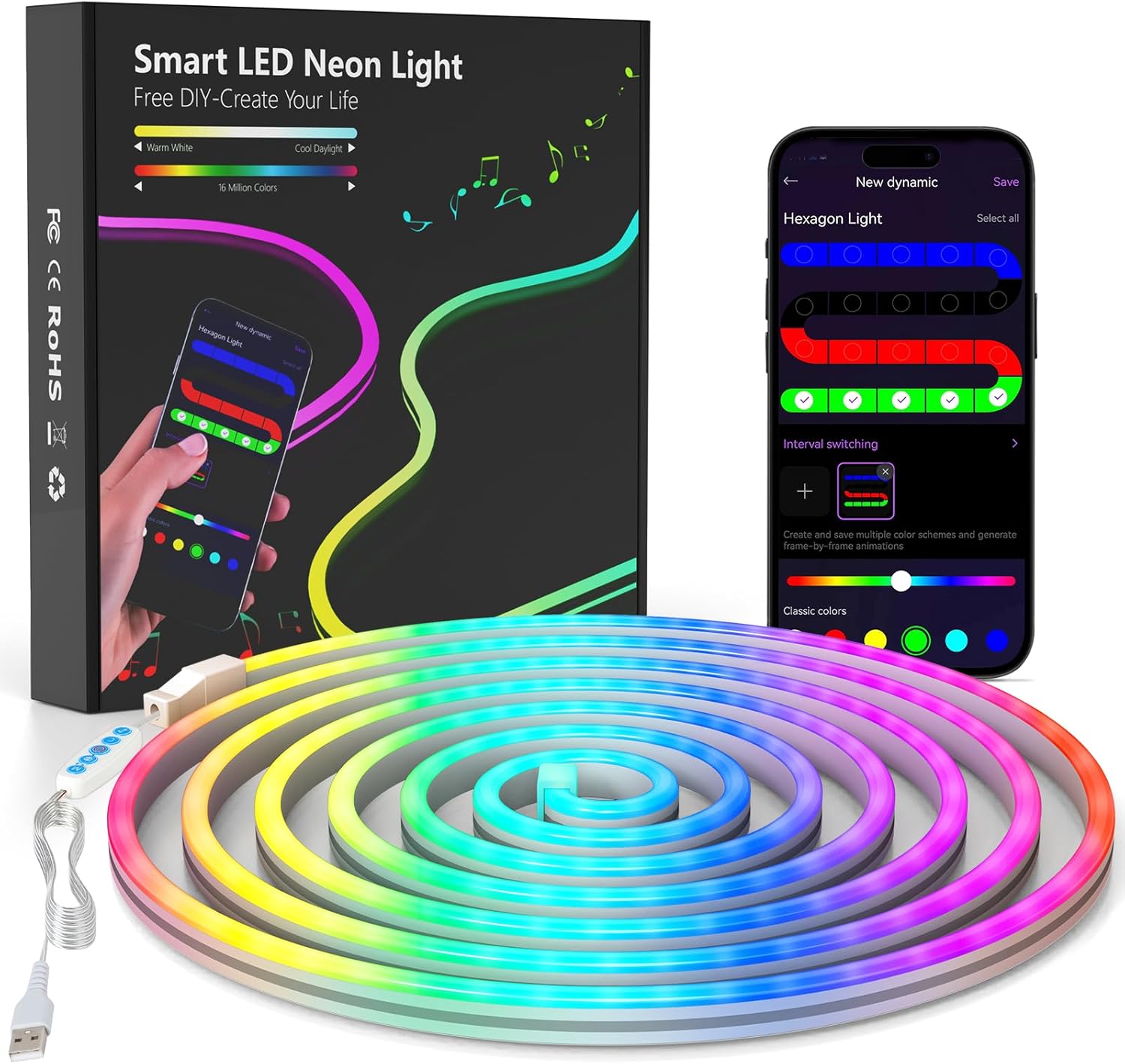 LED Neon Rope Lights – 9.8FT RGB Flexible Strip with APP Control, Music Sync, USB Powered 5V, DIY Design for Bedroom, Living Room, Gaming, Kitchen, Room Decor