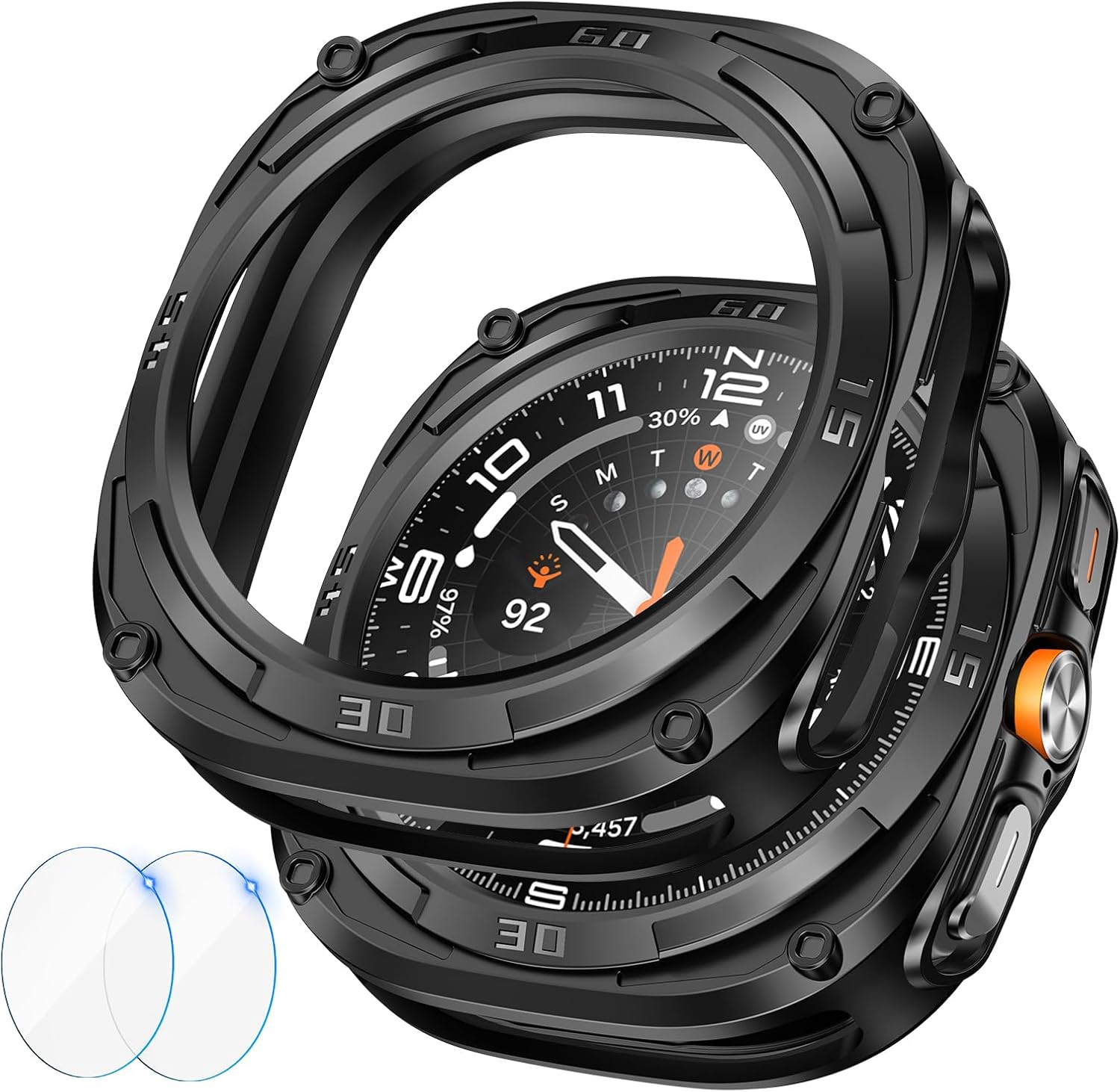 Goton Rugged Bezel Case for Samsung Galaxy Watch Ultra Screen Protector 47mm - Soft TPU Bumper Face Cover + 2 Tempered Glass Film for Galaxy Watch 7 Ultra 47mm Accessories