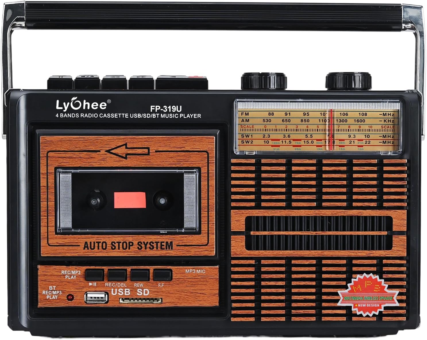 Lychee Boombox Portable Retro Cassette Tape Player and Recorder with AM/FM/SW1-2 Four Bands Radio,Built-In Speaker,3.5mm Headphone Jack,Support SD/USB Input (Brown F319U)