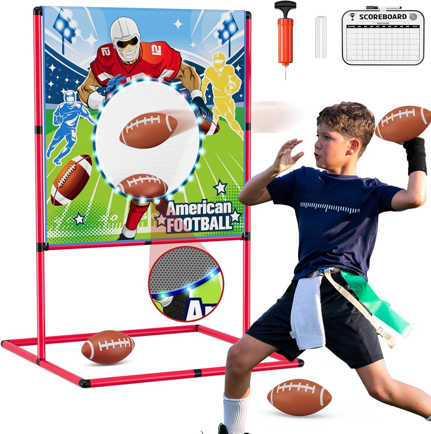 Football Toss Game with 4 Inflatable Footballs, LED Light up Throwing Target Game, Football Target Practice for Kids, Indoor Outdoor Backyard Yard Garden Sports Toys Gifts for Boys Girls 6-8 8-12