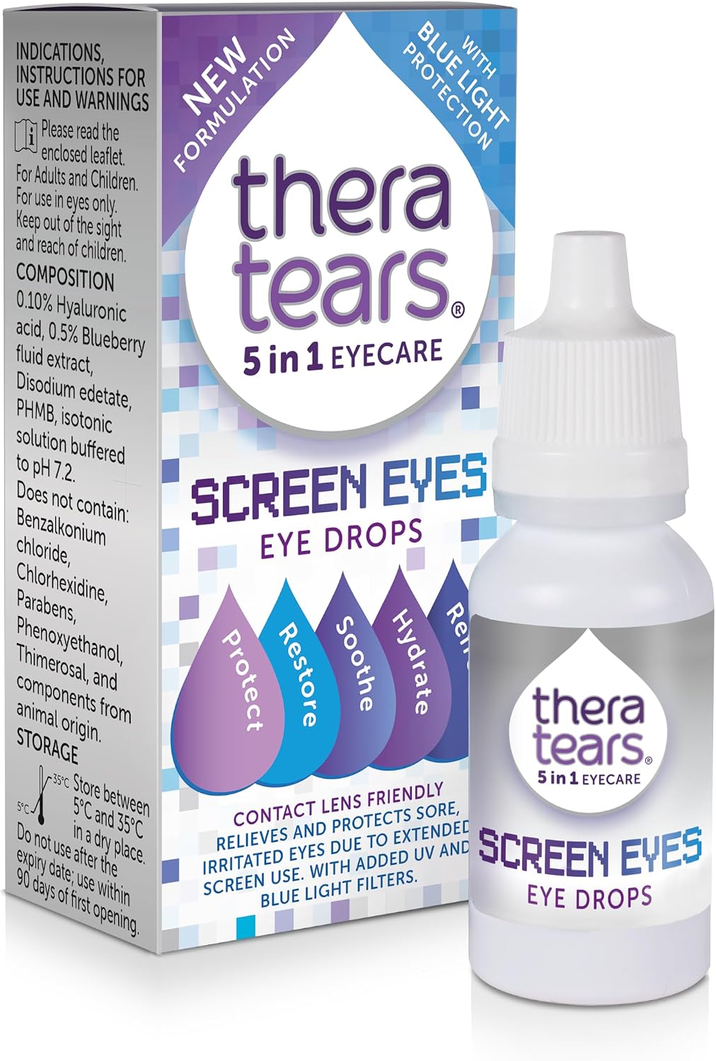 TheraTears Screen Eyes Eye Drops | Relieves, Refreshes and Whitens Dry, Red or Irritated Eyes from Extended Screen Use | Contact Lens Friendly | 5 in 1 Eye Care Drops | 10ml