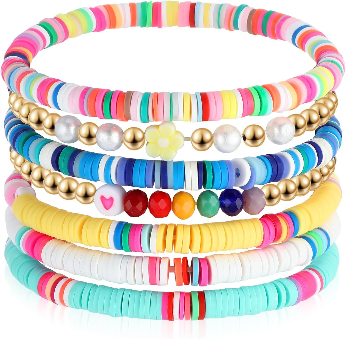 7Pcs Preppy Bracelet Set Colorful Heishi Surfer Clay Bead Bracelets Preppy Jewelry Evil Eye Beaded Stretch Bracelet Stackable Elastic Layering Bracelets Boho Summer Beach Bracelets for Women Girls