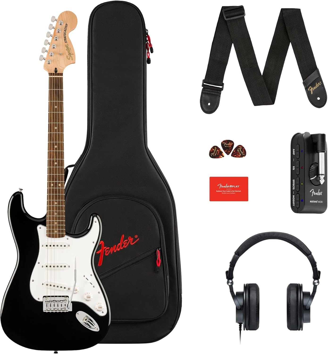 Squier by Fender Affinity Series™ Stratocaster® Electric Guitar & Mustang™ Micro Pack in Black. Includes Gig Bag, Strap, Headphones, Picks & a Free 3-Month Subscription to Fender Play