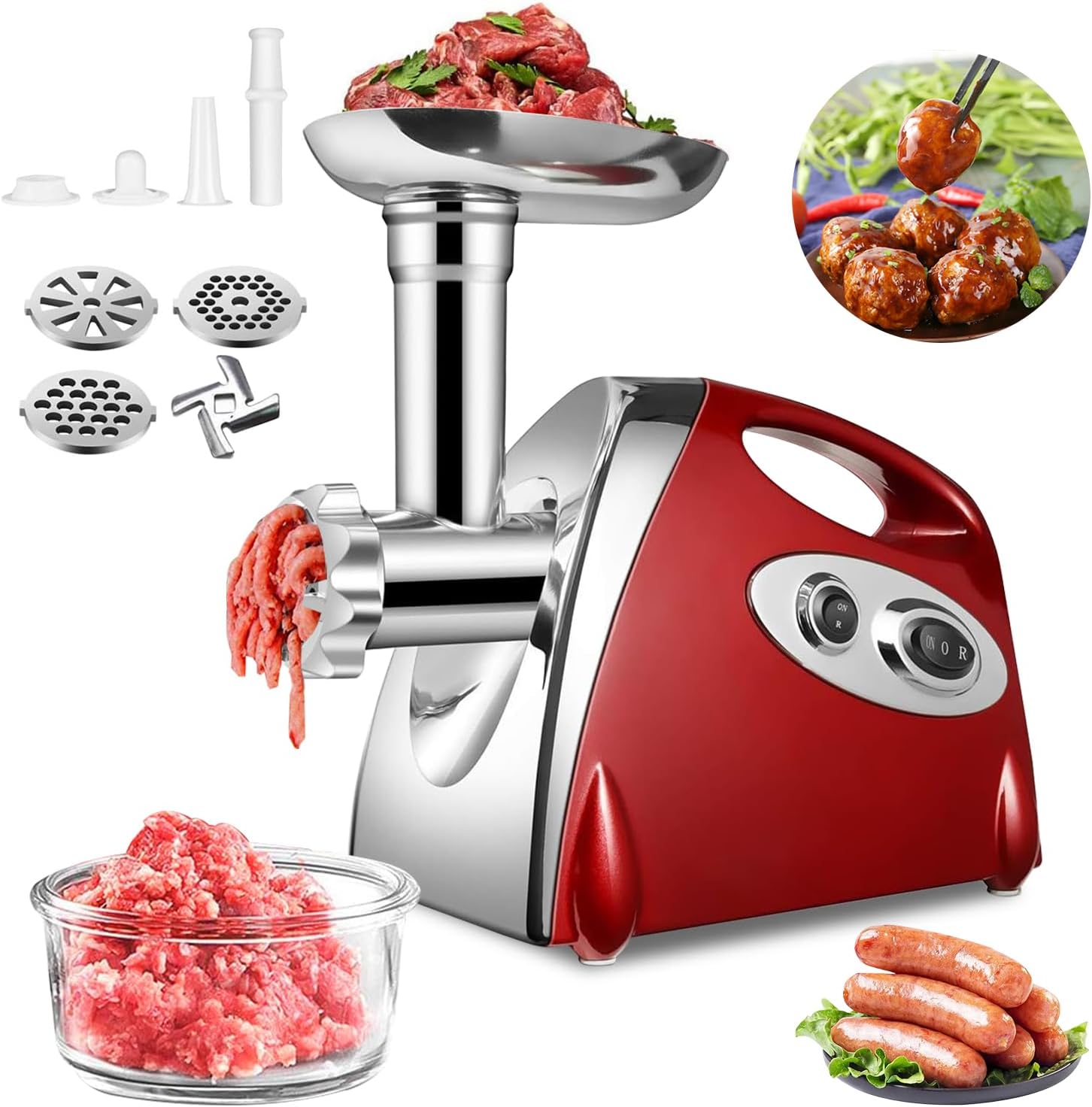 LUKVCIY Electric Meat Mincer Grinder and Sausage Maker,2800 W Copper Motor, Meat Grinder & Sausage Stuffer,3 Different Cutting Plates,Sausage & Kubbe Kit (Red)