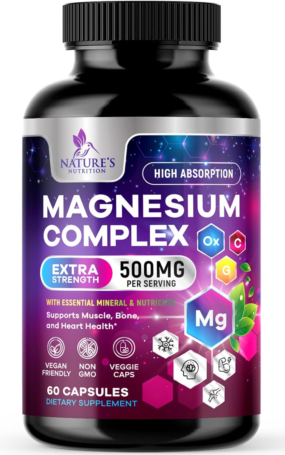 Magnesium Complex Supplement 500 mg - 5 in 1 High Absorption Blend, 100% Chelated Magnesium Glycinate & Malate Plus Citrate, Oxide, Aquamin - Non-GMO, Vegan Formula, Mag Complex Capsules - 60 Count
