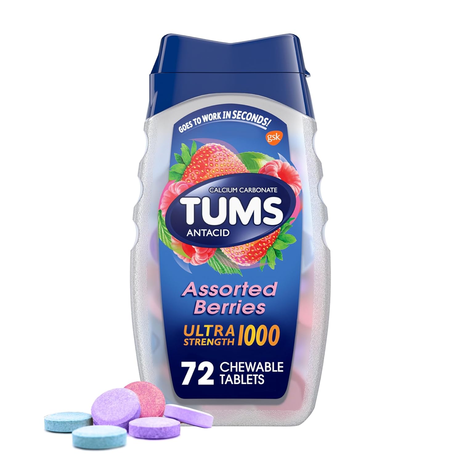 TUMS Antacid Chewable Tablets, Ultra Strength for Heartburn Relief, Assorted Berries, 72 count