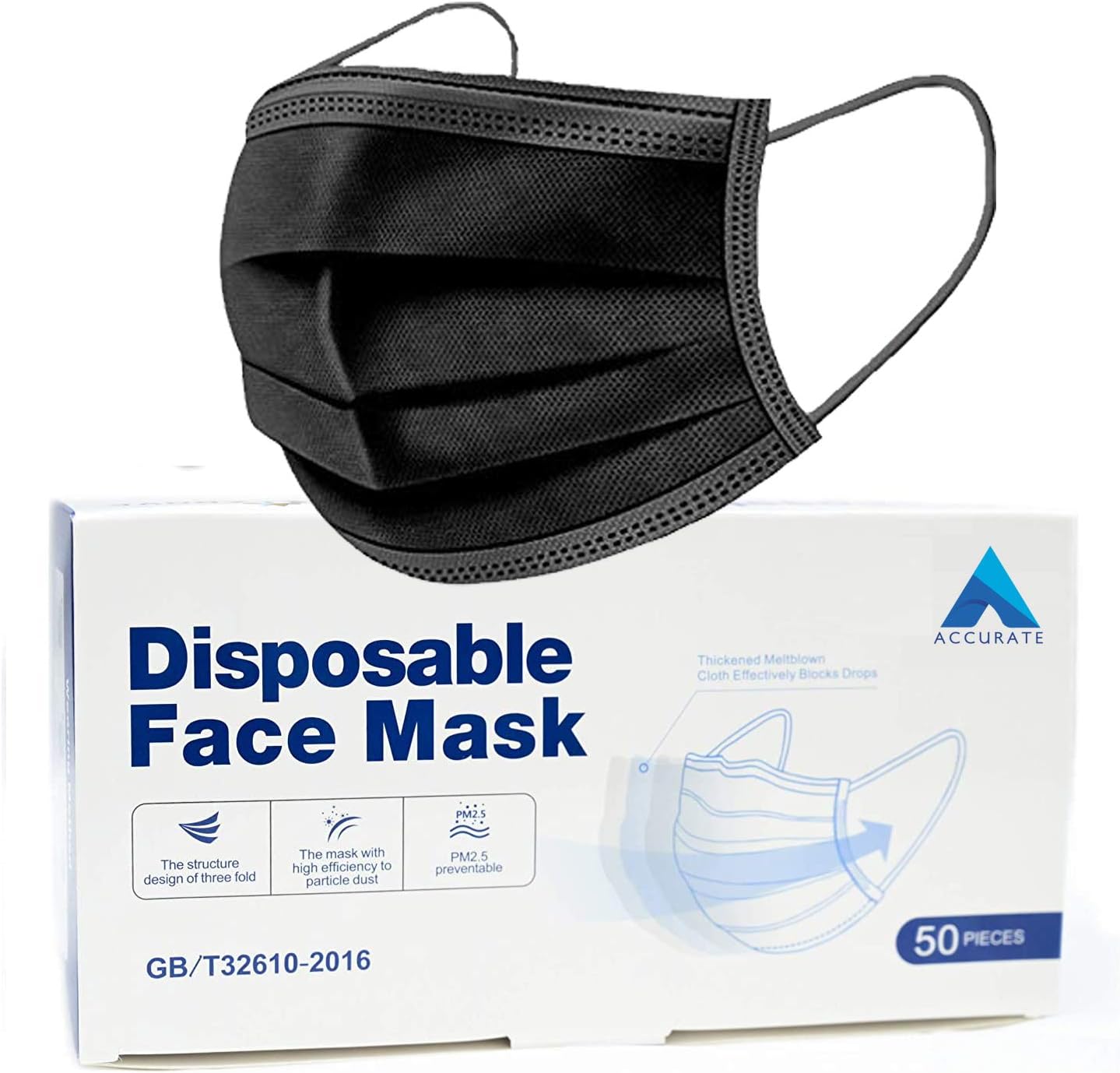 Accurate Black Disposable Face Masks | 3 Ply Earloop Face Covering with Nose Clip | Sutaible for Sensitive Skin