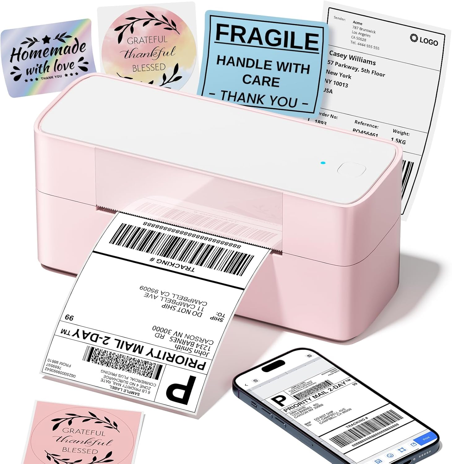 Thermal Label Printer 4x6, 245BT Postage Label Printer for Shipping, Small Business-Compatible with Royal Mail, Amazon, Shopify, Ebay, UPS, Etsy, Pink