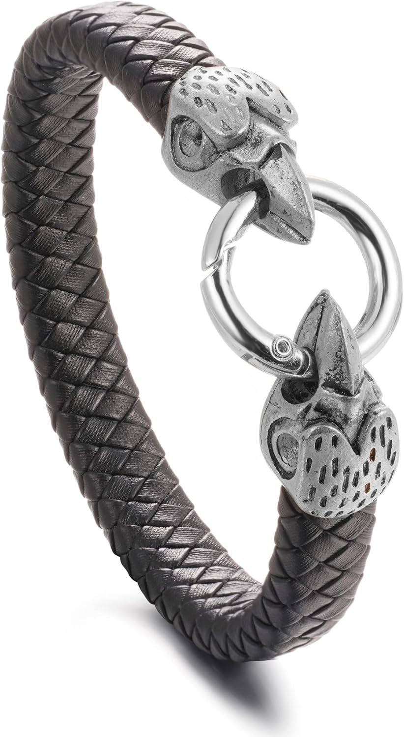 HALUKAKAH Leather Bracelet for Men Antique Gold/Silver/Black Steel Eagle Head 21.5cm Vintage Retro Style Gift for Him