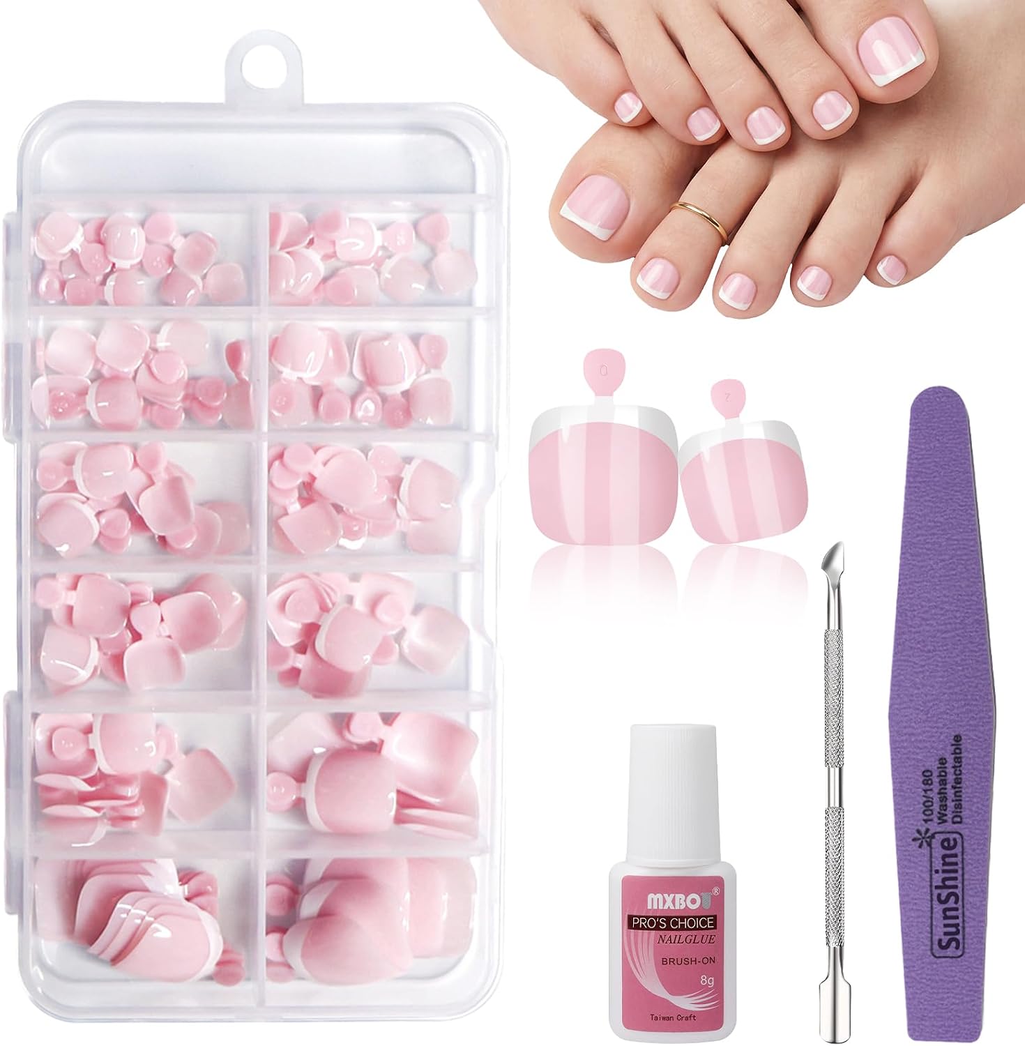 French Press on Toenails 120Pcs Pink Glossy False Toenails with Glue Nail File Cuticle Pusher Kit Square Acrylic Stick on Toenails for Women Girls DIY Pedicure Art Salon (ZX-FSJJ-9)
