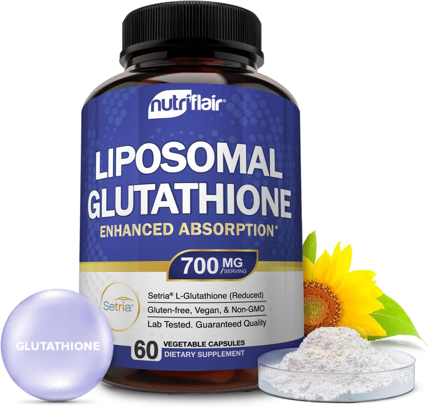 NutriFlair Liposomal Glutathione Supplement 700mg – Setria® Reduced L-Glutathione, 60 Capsules