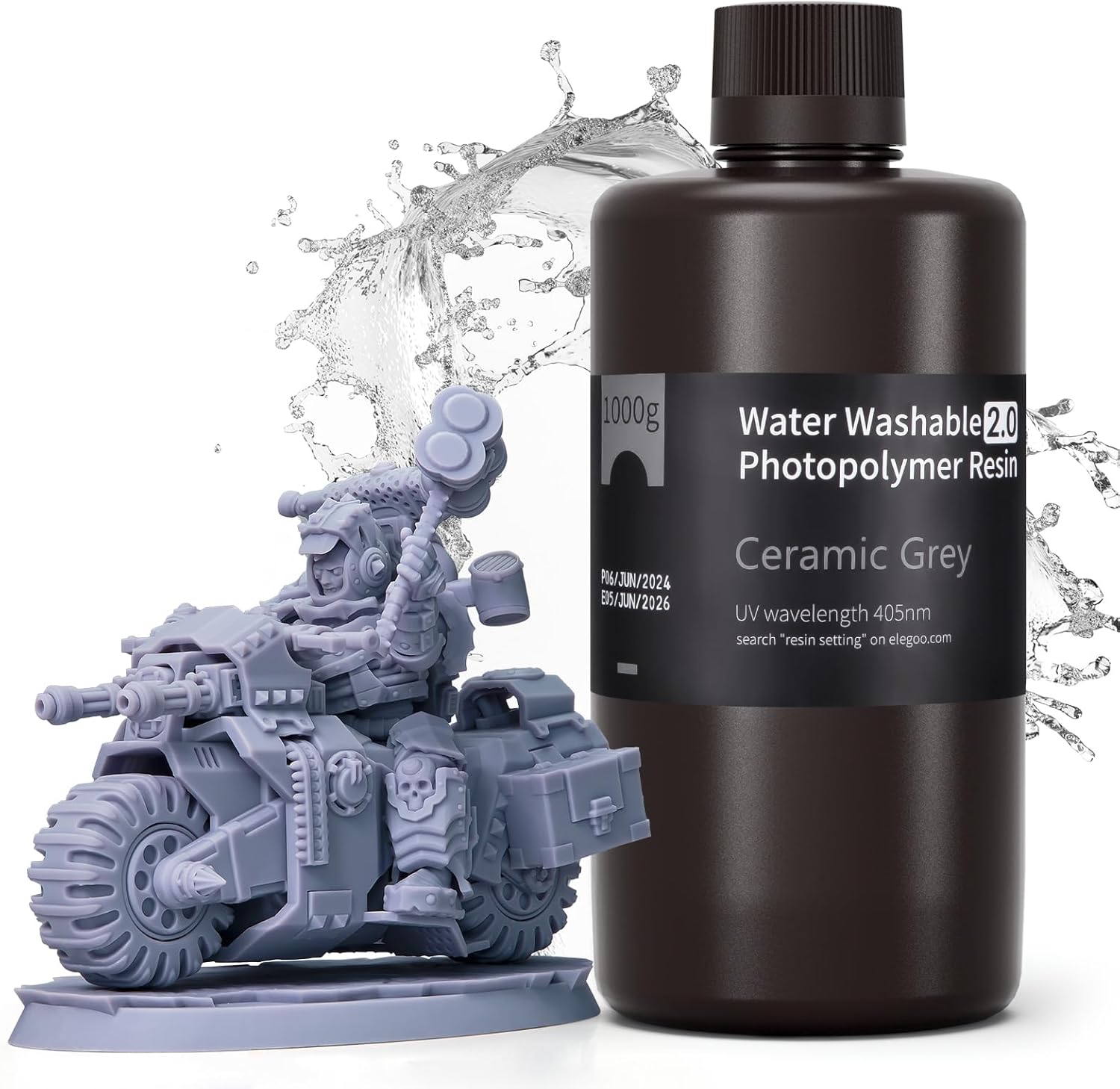 ELEGOO Upgraded Water Washable 3D Printer Resin 2.0, 1KG Ceramic Grey, Fast Curing 405nm UV Resin for Printing, Easy Cleanup with Water, High Precision & Smooth Finish, Low Odor & Less Shrinkage