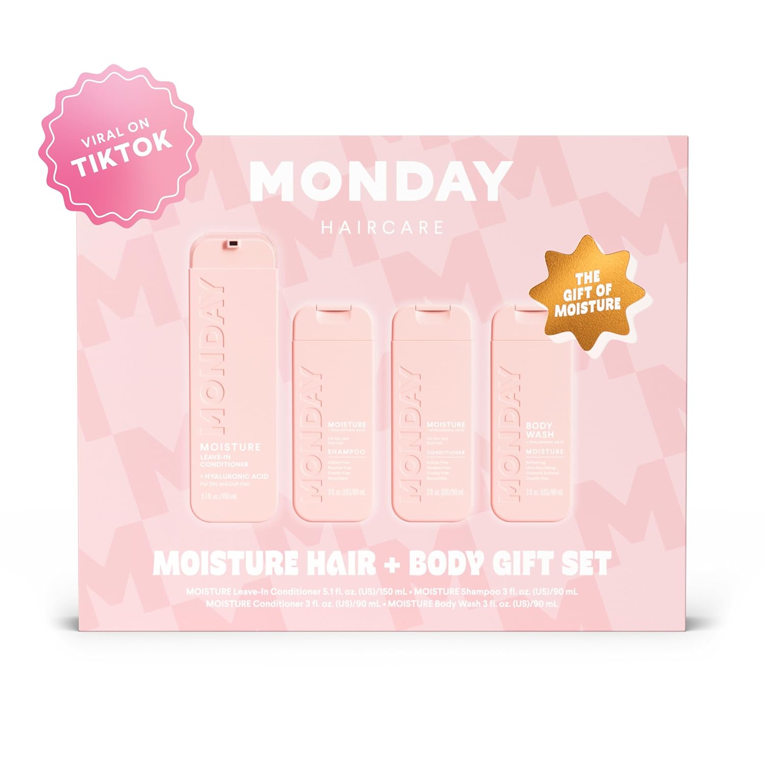 Monday Giftset - Moisture 3oz Shampoo, Conditioner, Body Wash Set & 5.1oz Leave-In Conditioner