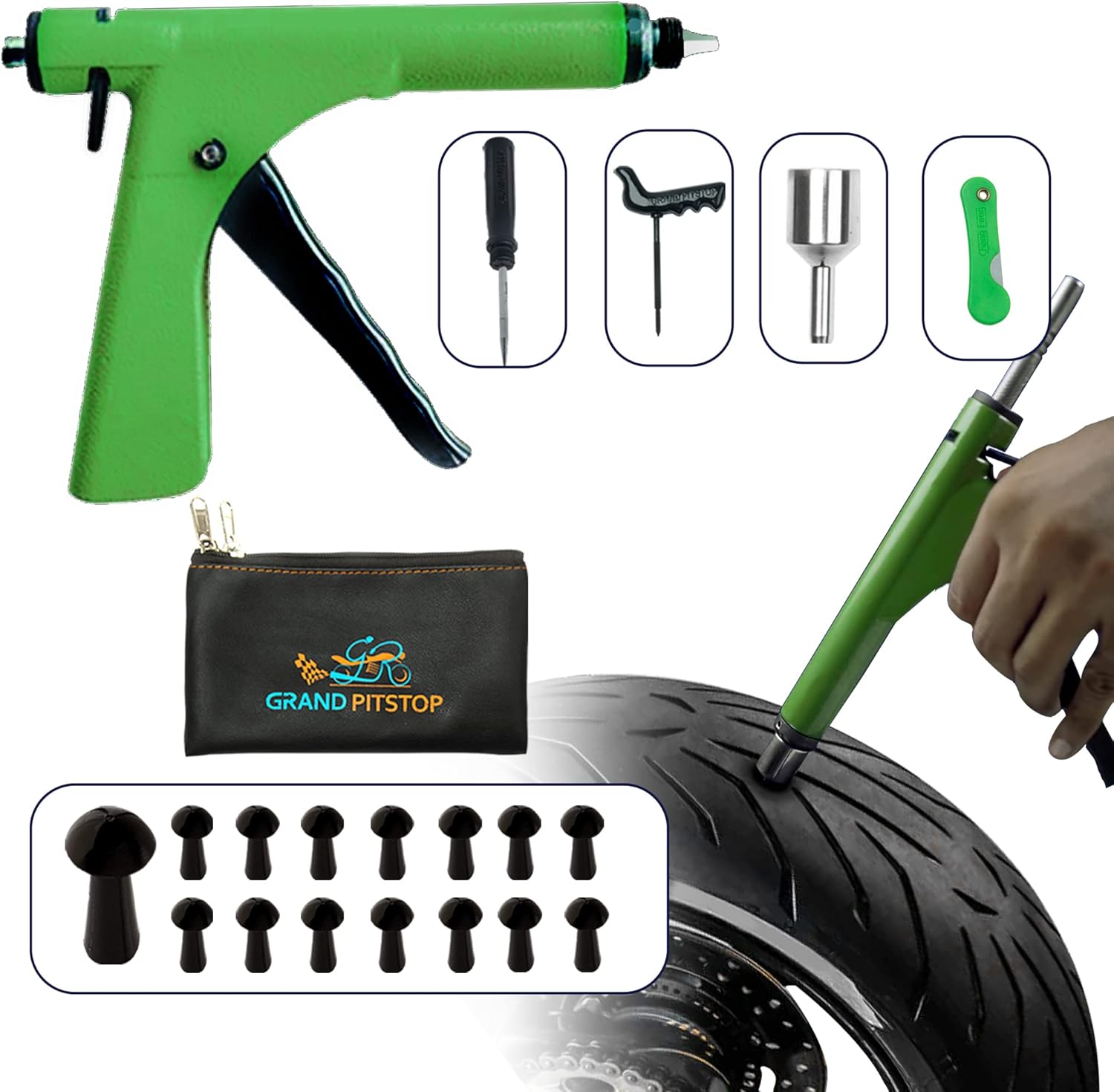 GRAND PITSTOP Tubeless Tire Gun Puncture Repair Kit with Mushroom Plug for Tyre Punctures and Flats on Cars, Motorcycles, ATV, Trucks & Tractors (Gun Puncture kit 15 Plugs, Green)