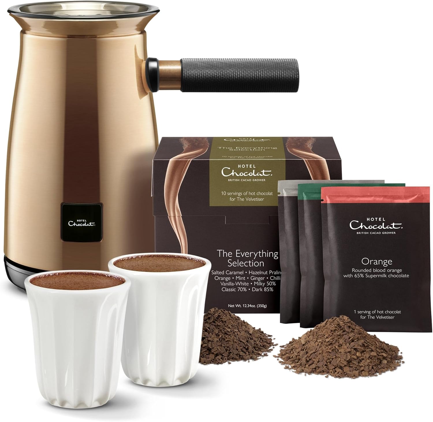 Hotel Chocolat Velvetiser - In-Home Hot Chocolate Machine - Barista-Grade Hot Chocolate Maker - Copper Edition - Complete Starter Kit - 2 Ceramic Podcups & 10 Single-Serve Sachets