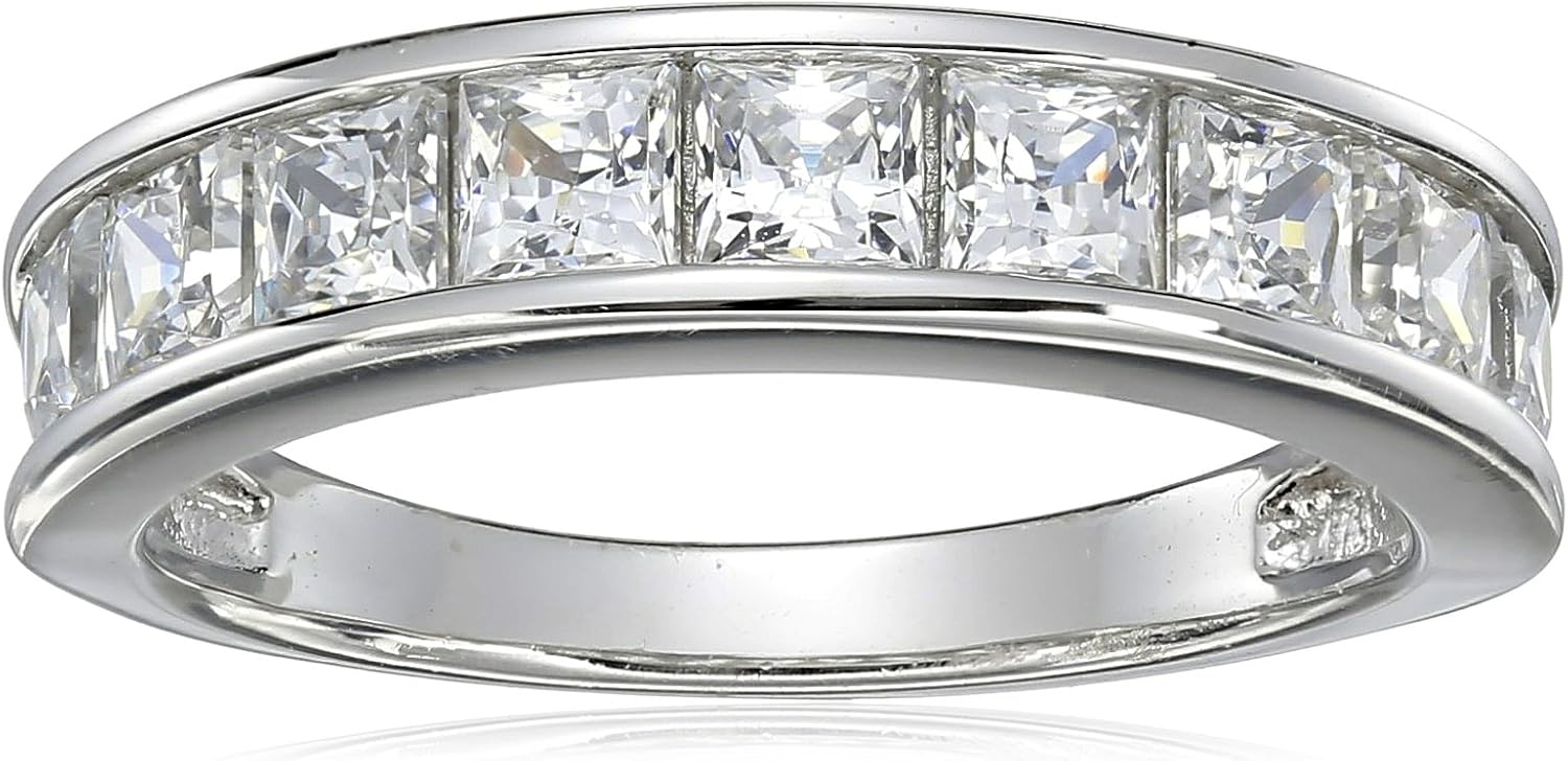 Amazon Essentials Sterling Silver Platinum Plated Infinite Elements Cubic Zirconia Princess Channel Band Ring,, (previously Amazon Collection)