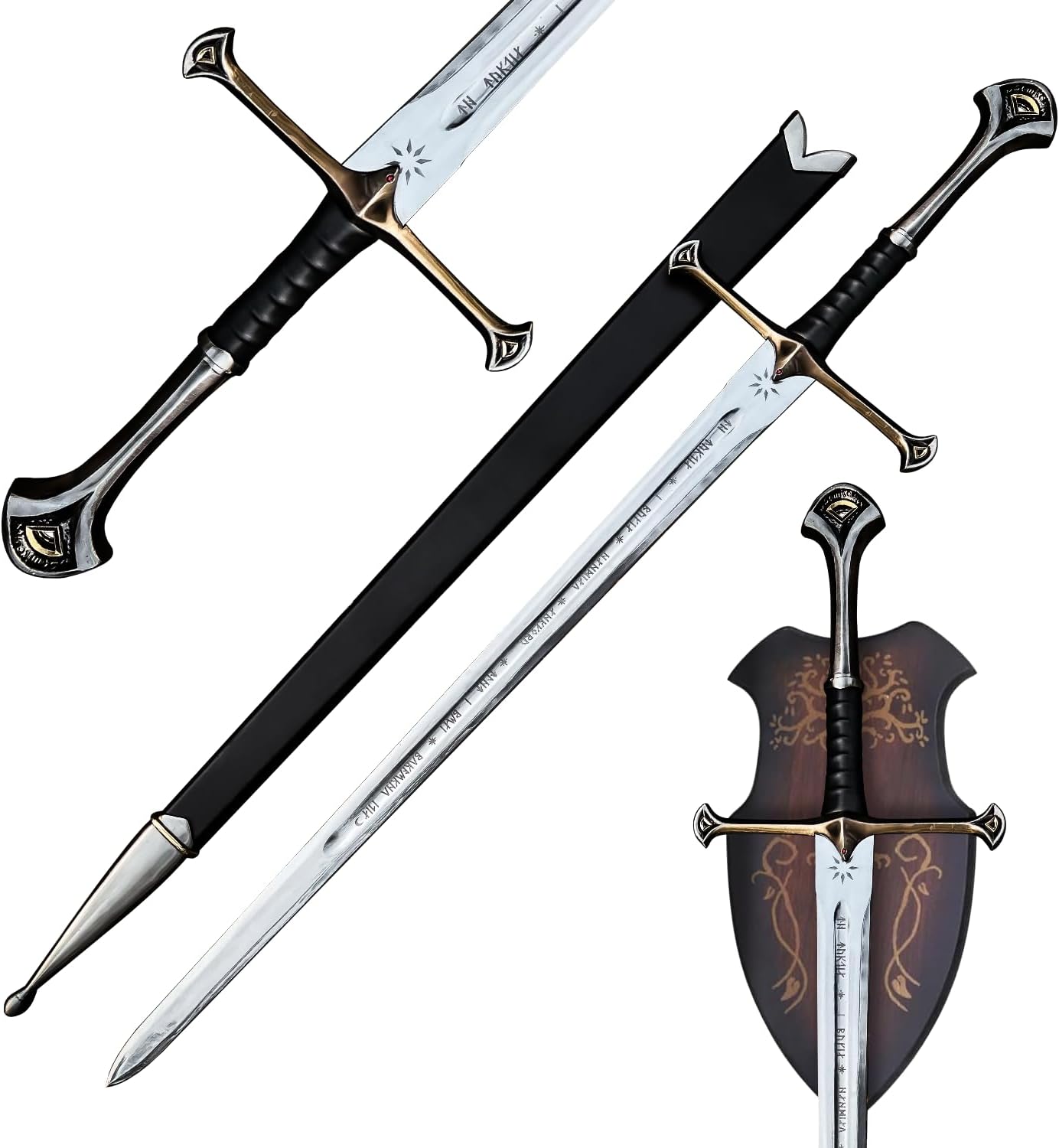 Handmade Replica Movie Sword, Medieval Vikings Master Long Sword Hand-Crafted Authentic Engraved Stainless Steel Blade, Wall Mount Plaque & Scabbard Included Collecyion Edition