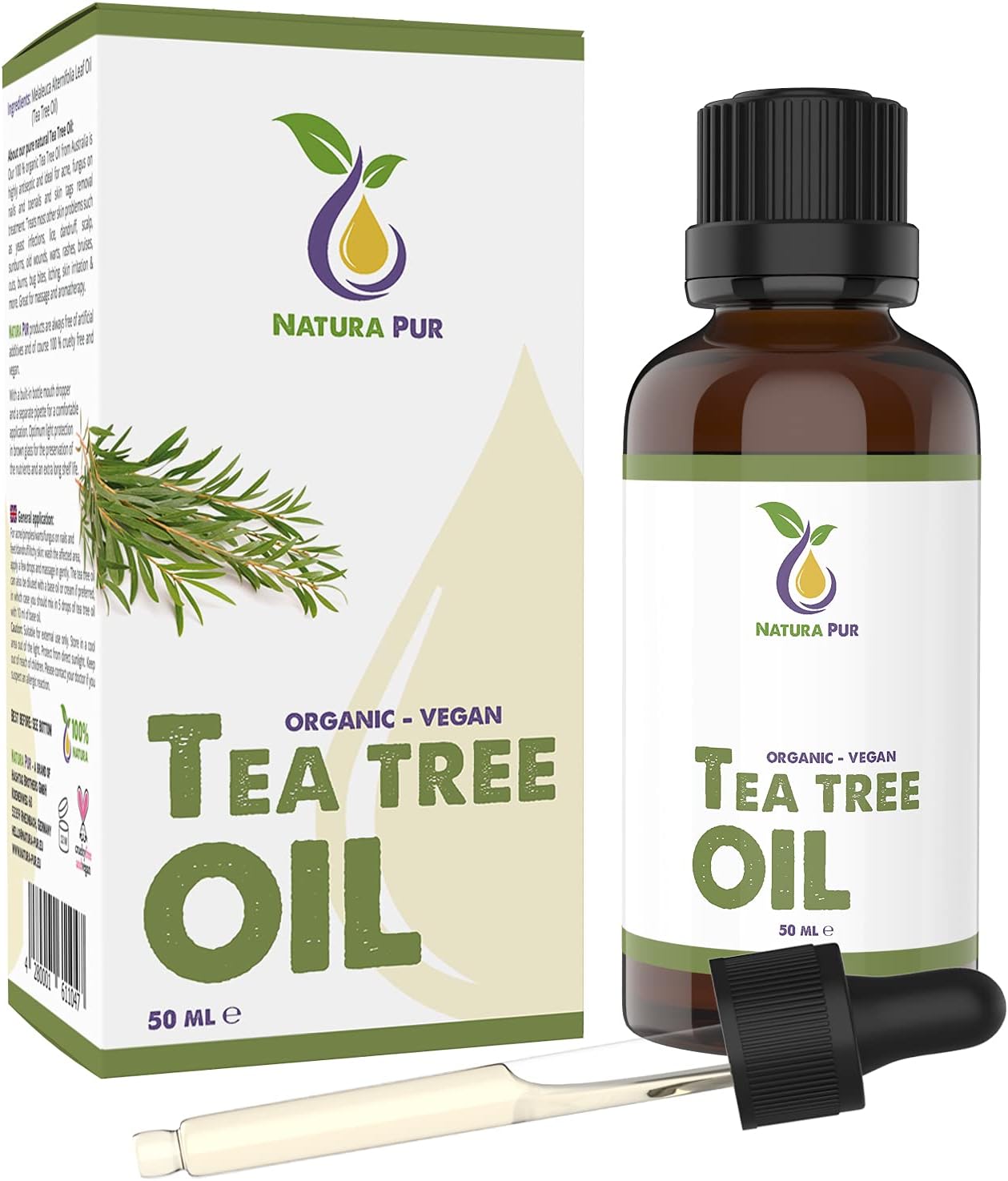 Tea Tree Oil 50ml with Pipette, Vegan – 100% Pure Tea Tree Essential Oil from Australia – Care for blemished Skin, inflammatory Skin Conditions, Anti-pimples and Acne