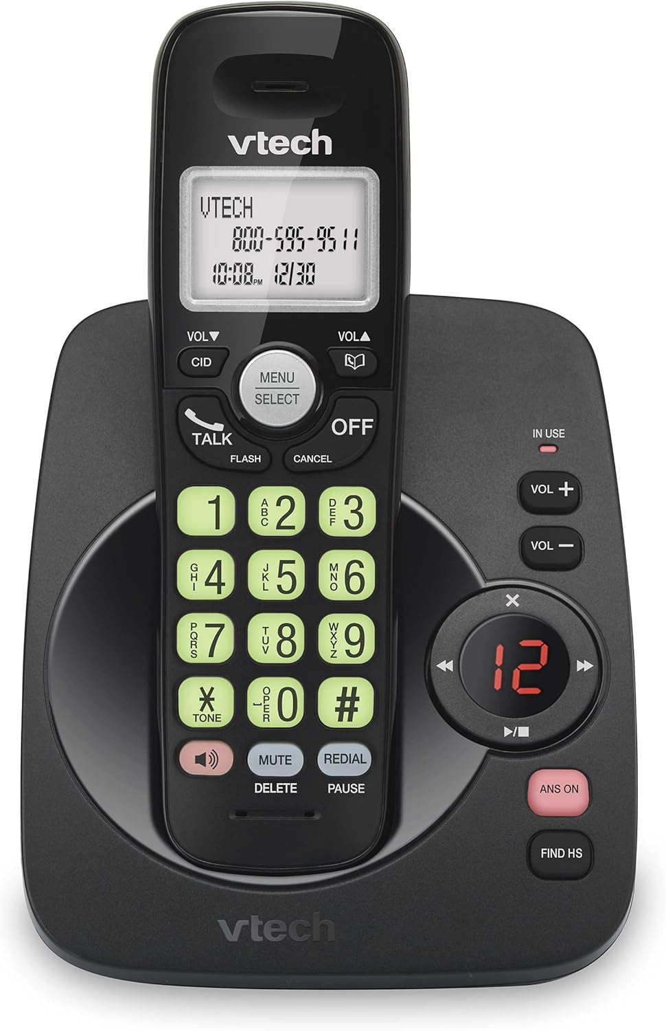 VTECH VG104-11 DECT 6.0 Cordless Phone for Home with Answering Machine, Blue-White Backlit Display, Backlit Buttons, Full Duplex Speakerphone, Caller ID/Call Waiting, Reliable 1000 ft Range (Black)