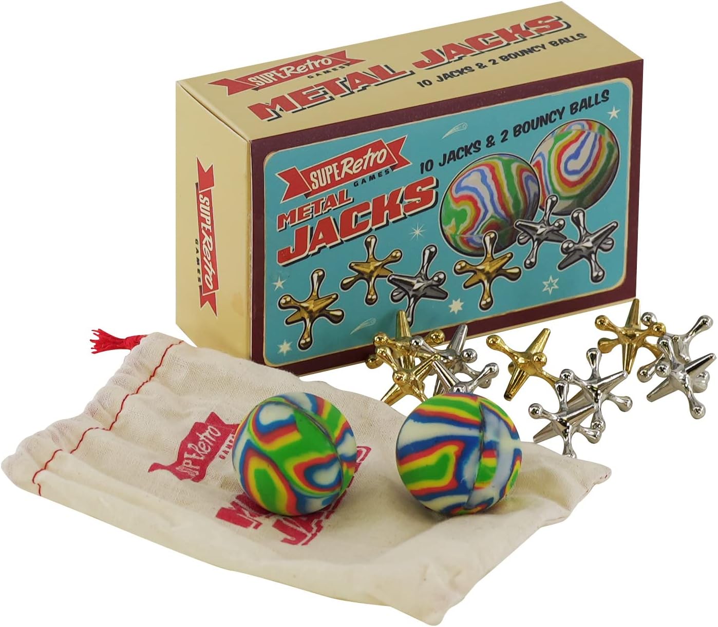 The Magic Toy Shop Retro Jacks Game Classic Knucklebones Fivestones Game with 10 Metal Crosses Jacks and 2 Balls Kids Party Bag Filler