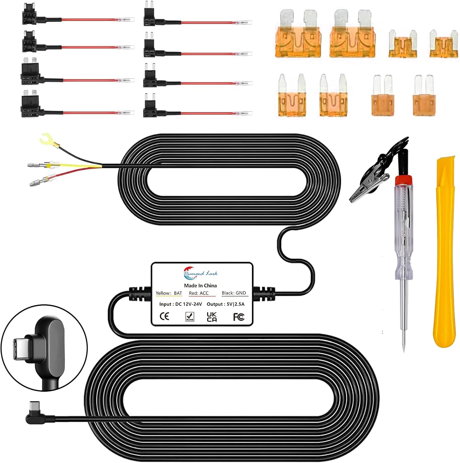 Diamond Lark Dash Cam Hardwire Kit, Converts 12V-24V to 5V Type C USB Hard Wire Kit for Dash Camera, Supports 24-Hour Parking Monitoring for Car DashCam (14.7FT)