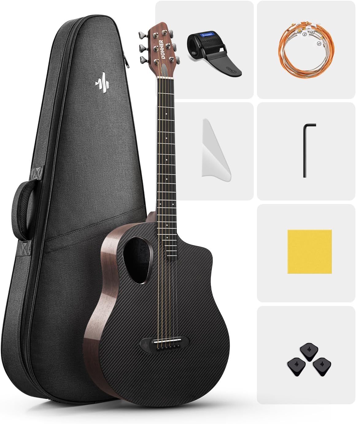 Donner Carbon X Wood Acoustic Guitar Beginner & Intermediate Learner Kits - Carbon Fiber Top, Wooden Bowl, 38" Durable Solid Guitar with Case, Strap, Steel-String, RISING-G1 (Gloss, Black)